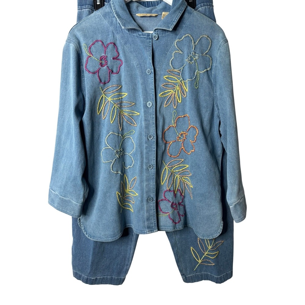 Vtg 90s Bechamel Embroidered Denim 2-Pc Set Top & Pants Boho Artsy‎ Teacher Core